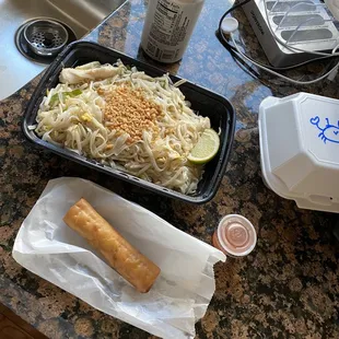 Chicken pad Thai, spring roll, crab Rangoon.