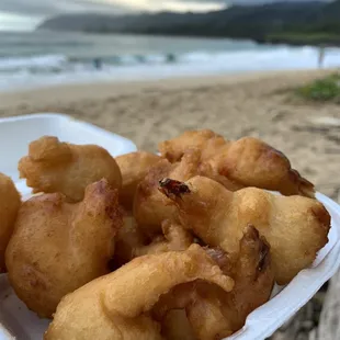 a person holding a plate of fried food