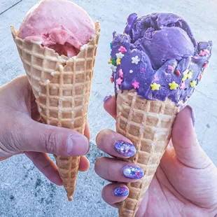 Guava in a waffle cone, and ube in a dipped waffle cone