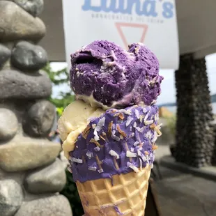 Ube ice cream &amp; Mango ice cream in an Ube-dipped Waffle Cone (IG: @206foodie)