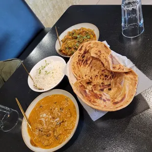 The mushroom curry, bhindi masala and paratha