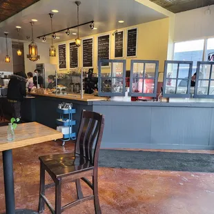This is a view of the front counter.  You can see the baskets in front of the desk with the utensils, ketchup, etc.
