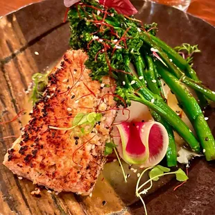 Kona Kanpachi with beurre blanc sauce, potatoes and broccolini