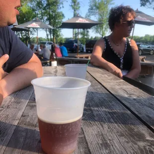 a man and a woman sitting at a picnic table