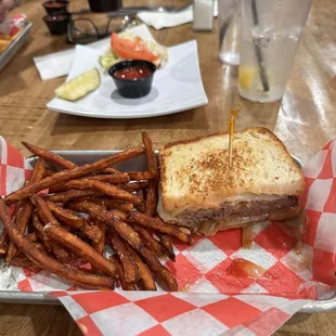Patty melt with sourdough and sweet potato fries DELICIOUS!