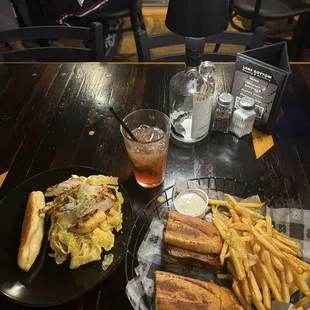 BBQ Tri-Tip Sandwich with a side of garlic fries as well their microwavable Chicken Alfredo Pasta
