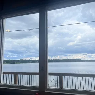 a view of a lake from a window