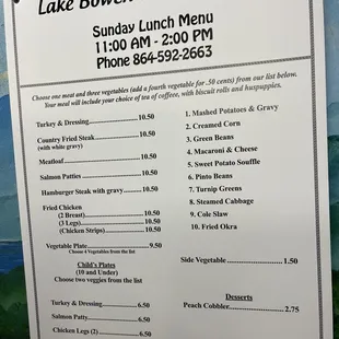 Sunday lunch menu