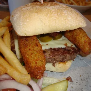 Highway 61 Burger, closeup - checkout the fried pickles &amp; the jalapenos!