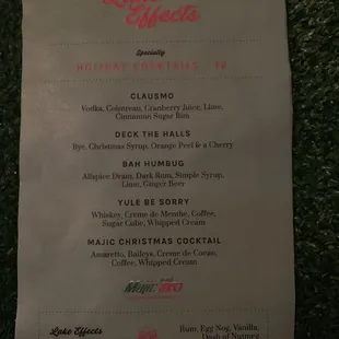 a menu for a holiday cocktail