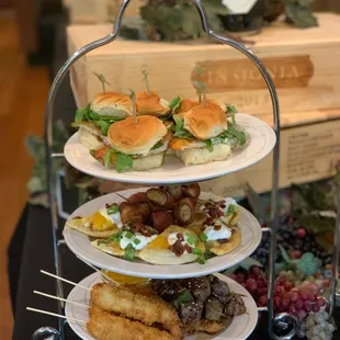 three tiered plates of food