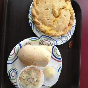 Lunch special. Chix pot pie, French bread n salad.