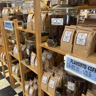 shelves of various flavors of coffee