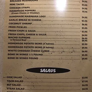 the menu of the restaurant