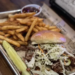 Pulled Pork on a bun with yummmmmy yum  fries