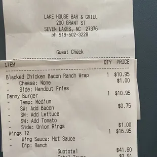 the receipt for the restaurant