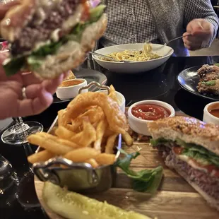Wavy burger and fries, chicken piccata
