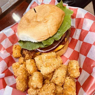 a burger and tater tots