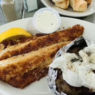 Pan seared perch with baked potato