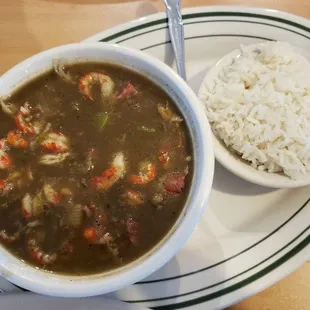 Crawfish gumbo with rice.