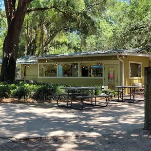 a picnic area with picnic tables and benches