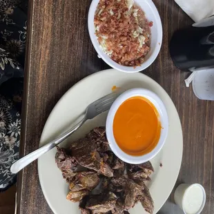 Fried chicken livers, and German hot coleslaw