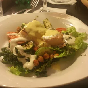 Salmon over caesar salad.