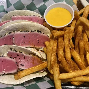 Ahi tuna tacos with old bay fries