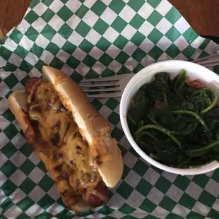 Chili - Cheese Dawgs with spinach