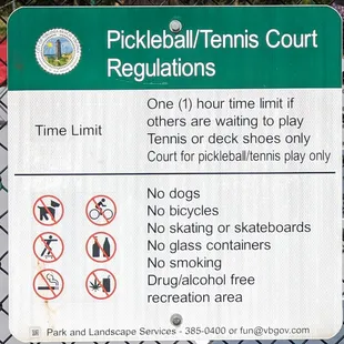 These are the Pickleball Regulations next to the entrance to the courts.  Photo taken April 22, 2023.