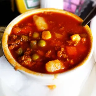 Hillbilly soup. Basically vegetable soup with ground beef