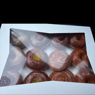 Strawberry, Lemon, Raspberry filled donuts, OG Glaze,and Cinnamon Glaze. $18.99 a dozen, but VERY well worth the money. Fresh &amp; warm.