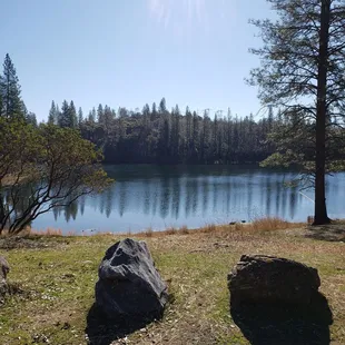 View of the lake from the parking lot near the restroom