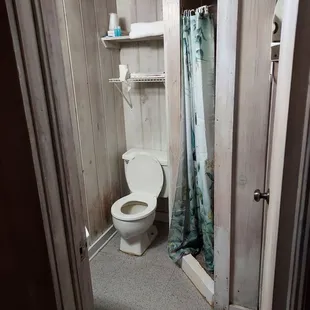 a bathroom with a toilet and shower curtain