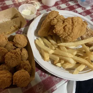 GLUTEN FREE and CELIAC FRIENDLY!!!! hush puppies, catfish filet, fries, cole slaw