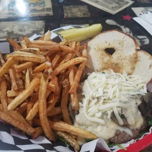 Garlic mushroom burger with fries and partial pickle(my doing)