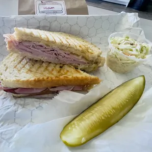 Ham and cheese panini with coleslaw