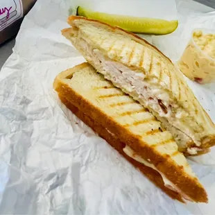 Troyer Turkey breast and Cheese Panini with macaroni salad