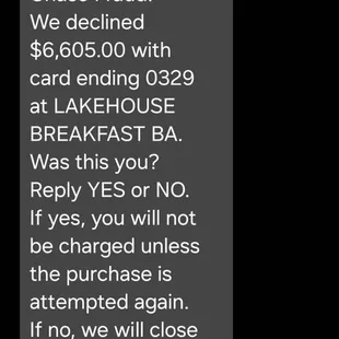 This is the text I received from Chase Bank.
