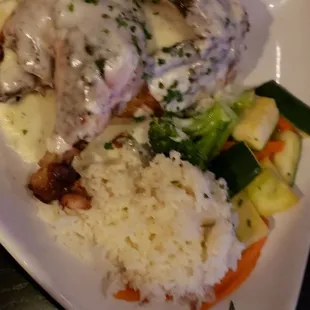 Lemon Chicken,  rice with white wine lemon sauce and mixed vegetable melody