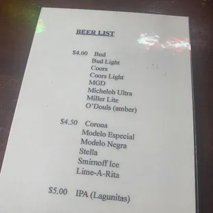 Beer menu