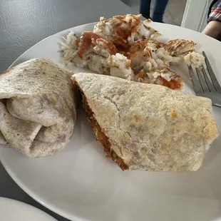 Breakfast burrito with chorizo.