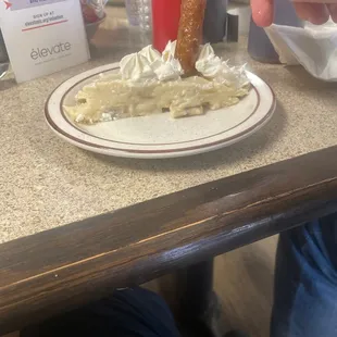 The pie had sausage in it. "Banana cream and sausage was the signature dessert this week! It was awful as well.