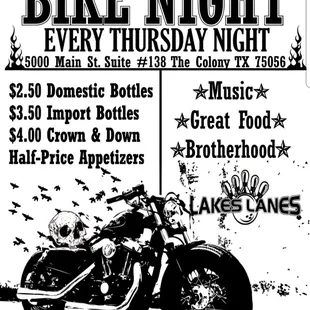 Join us for Bike Night every Thursday! Awesome specials from 7-11.