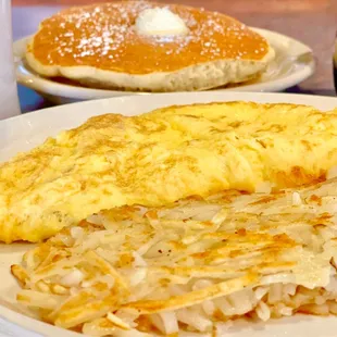 Cheese Omelet with Hash Browns &amp; Pancakes