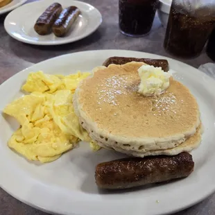 Pancake combo with scrambled eggs and sausage links