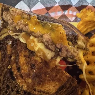 Patty melt with waffle fries