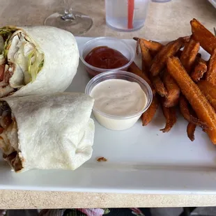 Chicken teriyaki wrap with sweet potato fries and sriracha ranch