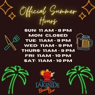 Official Summer Hours for the 2021 Season!