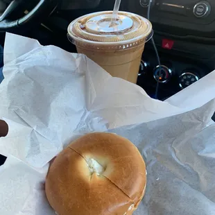 Bagel and cream cheese and hazelnut latte